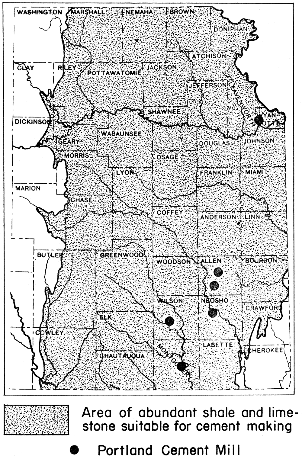 Map of eastern Kansas showing location of Portland cement mills and of region of abundant raw materials for cement manufacture.