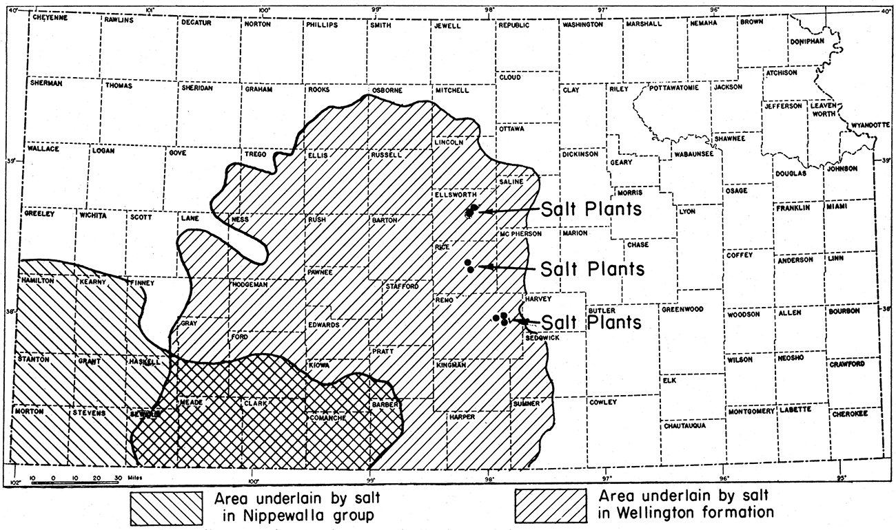 Map of Kansas showing location of salt plants and of areas underlain by Permian salt deposits.
