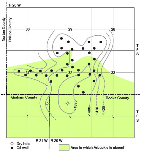 Pay zone is -1390 in central part of Ray pool; drops to -1420 to east and west' Arbuckle is absent in southern half of mapped area.