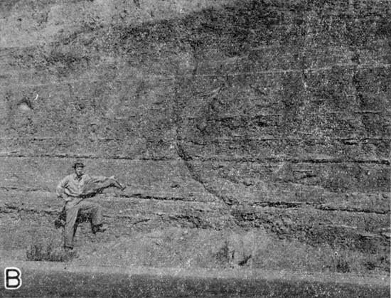 Black and white photo of man standing next to roadcut; steep cliff of Pierre shale.