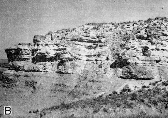 Black and white photo of hillside with eroded limestone outcrop.