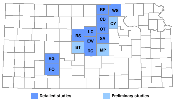 Primary study in Barber, Clark, Cloud, Comanche, Ellsworth, Hodgeman, Kiowa, Lincoln, Ottawa, Republic, Saline, and Washington counties; preliminary work only in Barton, Clay, and McPherson counties.
