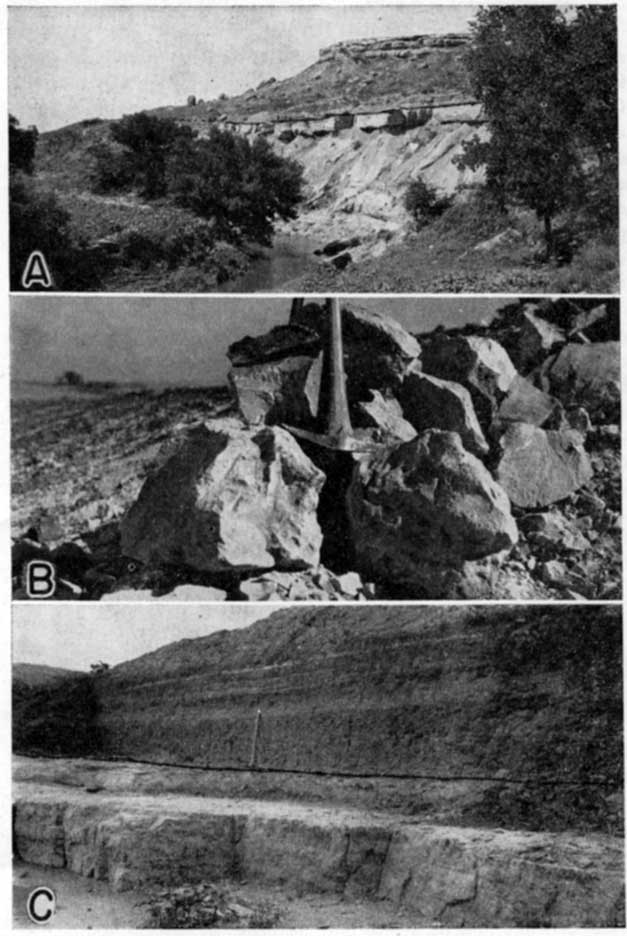 Black and white photo of rock outcrop with creek in foreground; Black and white close-up photo of rock pile; Black and white photo of rock section exposed as in a quarry with contact highlighted with dark line.