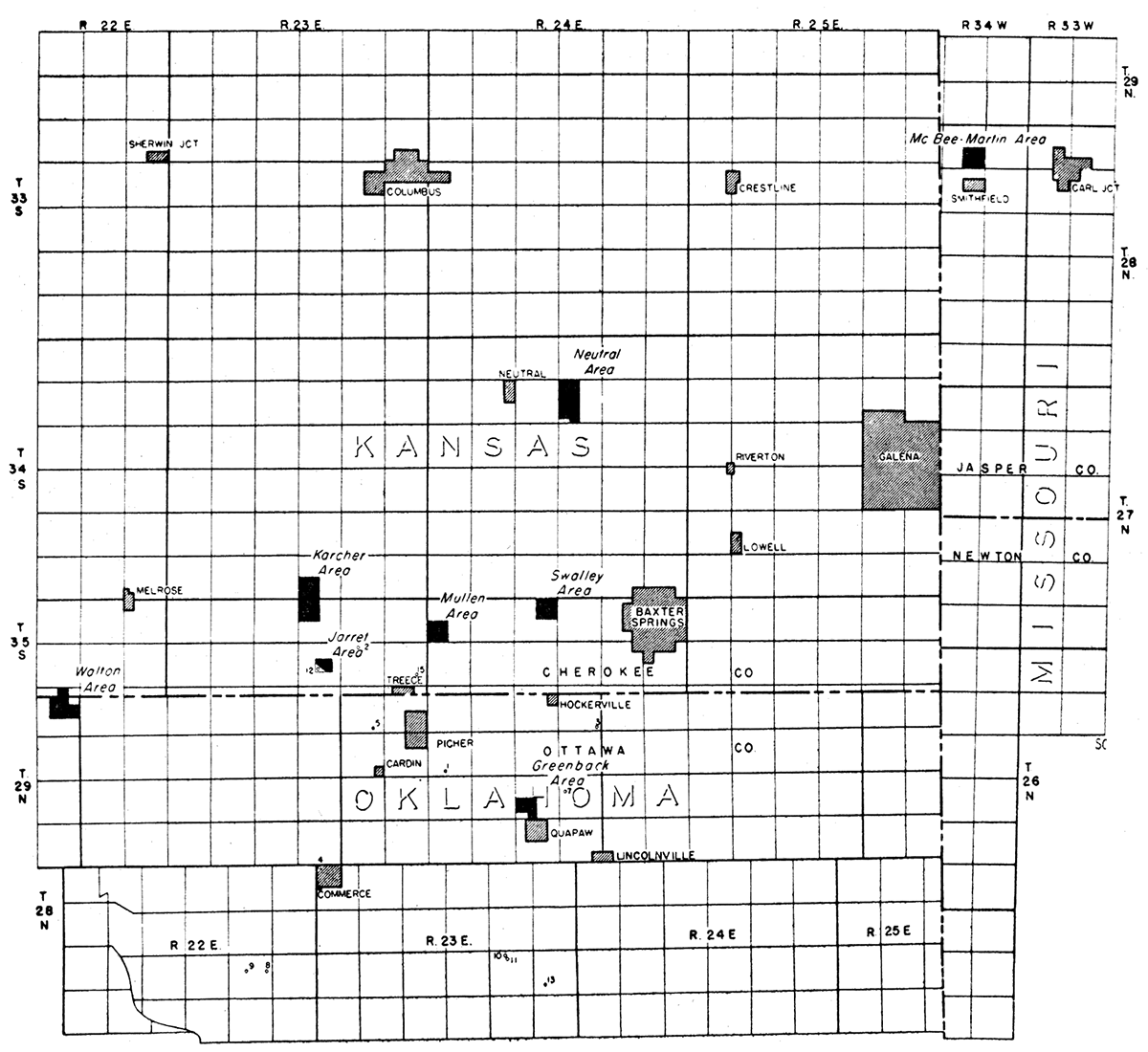 Regional map of northwestern part of Tri-State mining district showing location of areas geophysically studied and location of wells from which samples for geochemical analyses were taken.