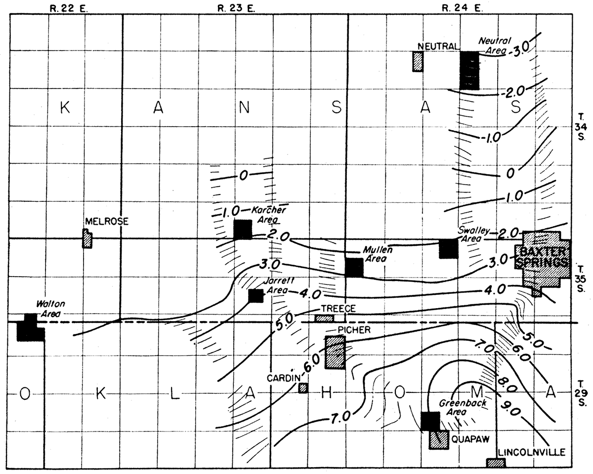 Map showing isanomalic gravity contours in an area near Baxter Springs, Kansas.