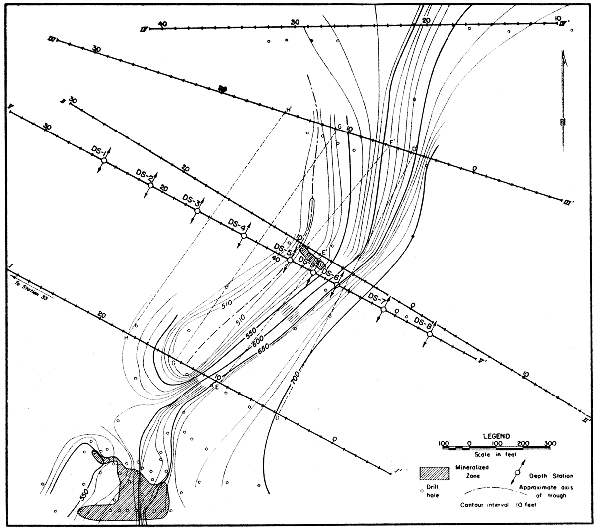 Map showing contours on the top of the limestone, mineralized zones, and traverse lines in the Mullen area.