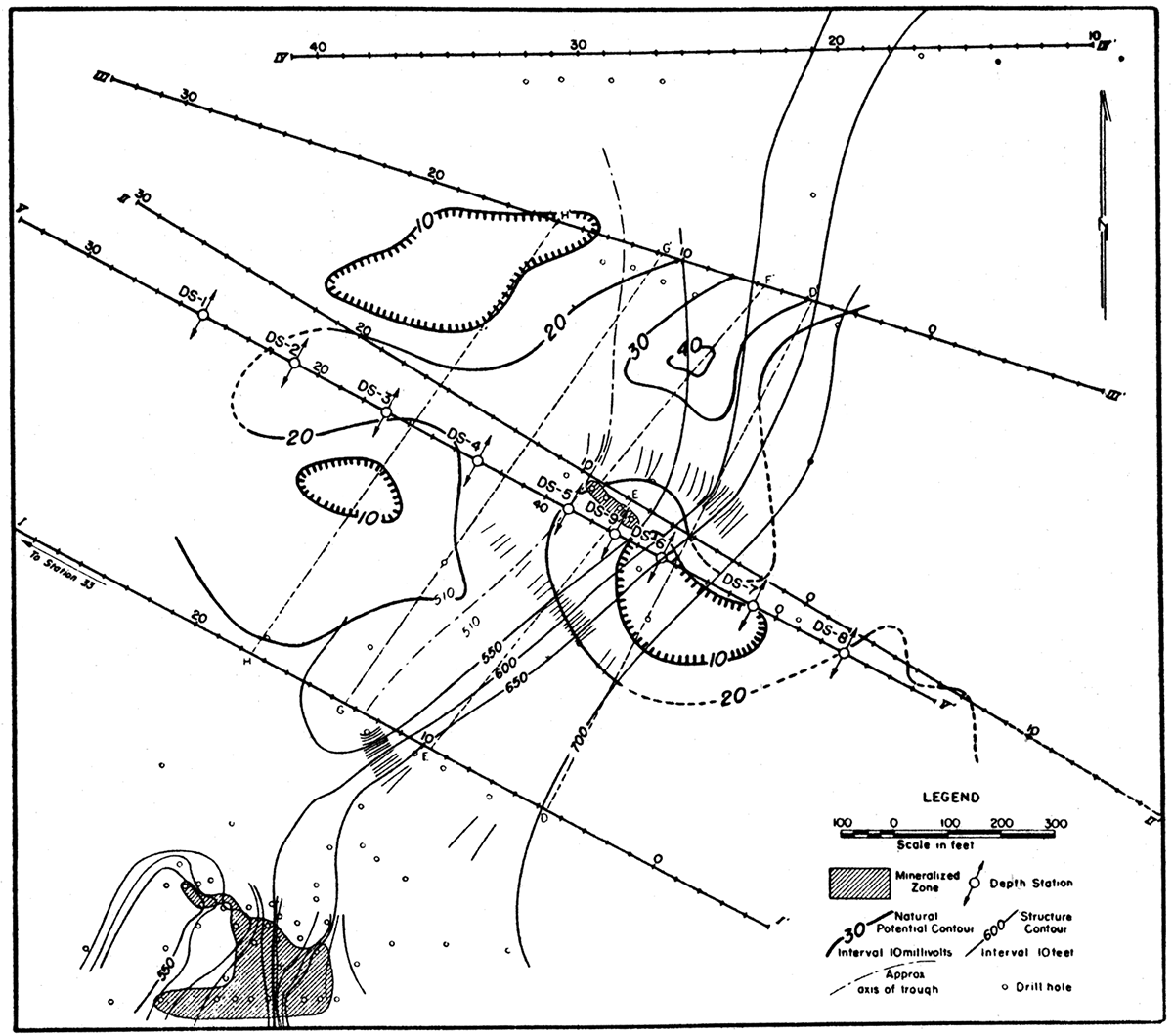 Map showing natural potential contours in the Mullen area.