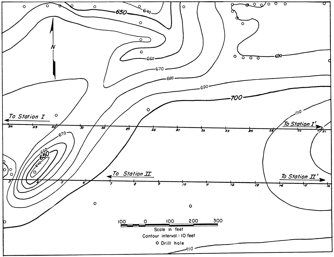 Map showing contours on the top of the limestone and traverse lines in the Jarrett area.