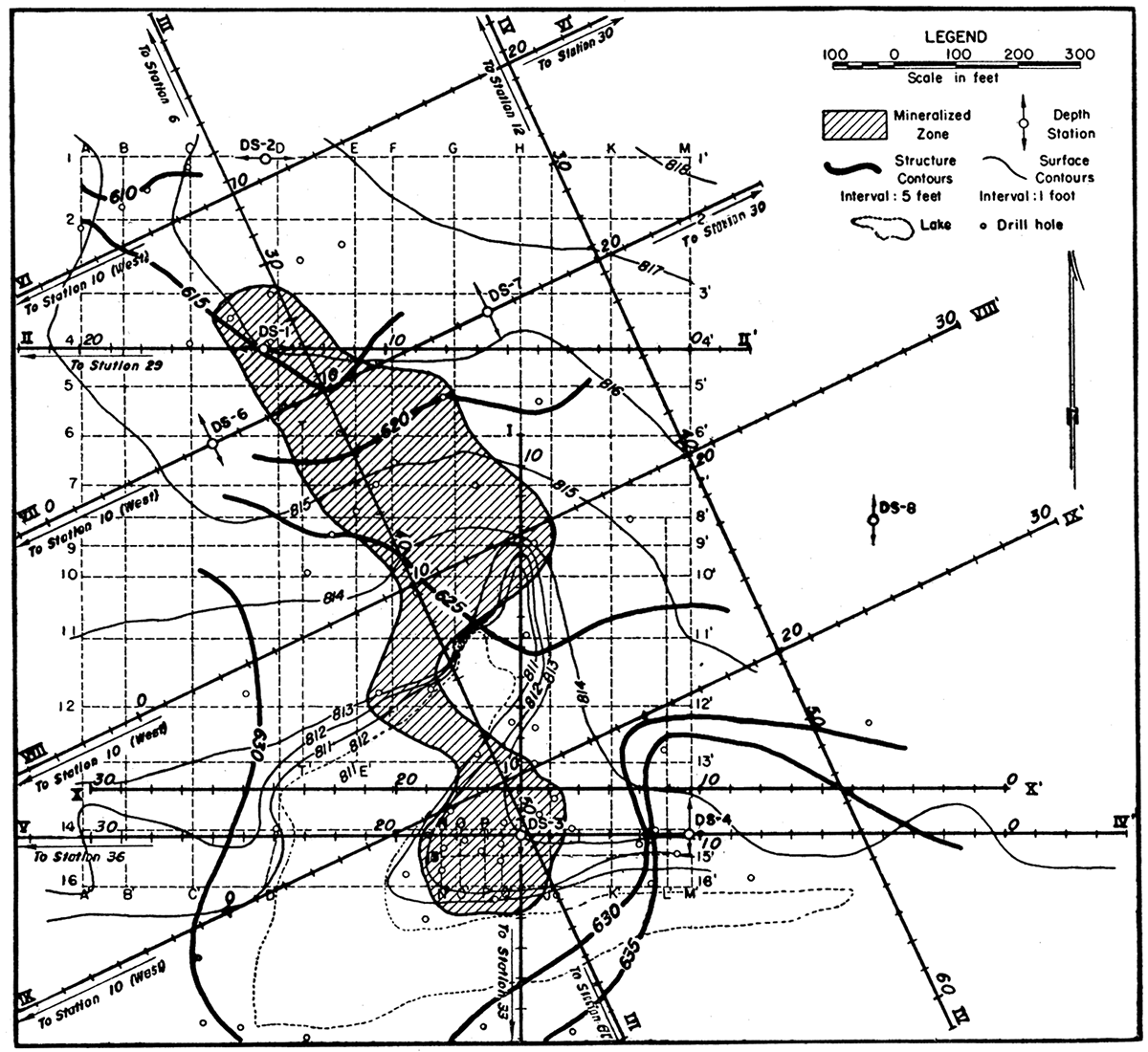 Map showing contours on the top of the limestone, topography, mineralized zone, and traverse lines in the Walton area.