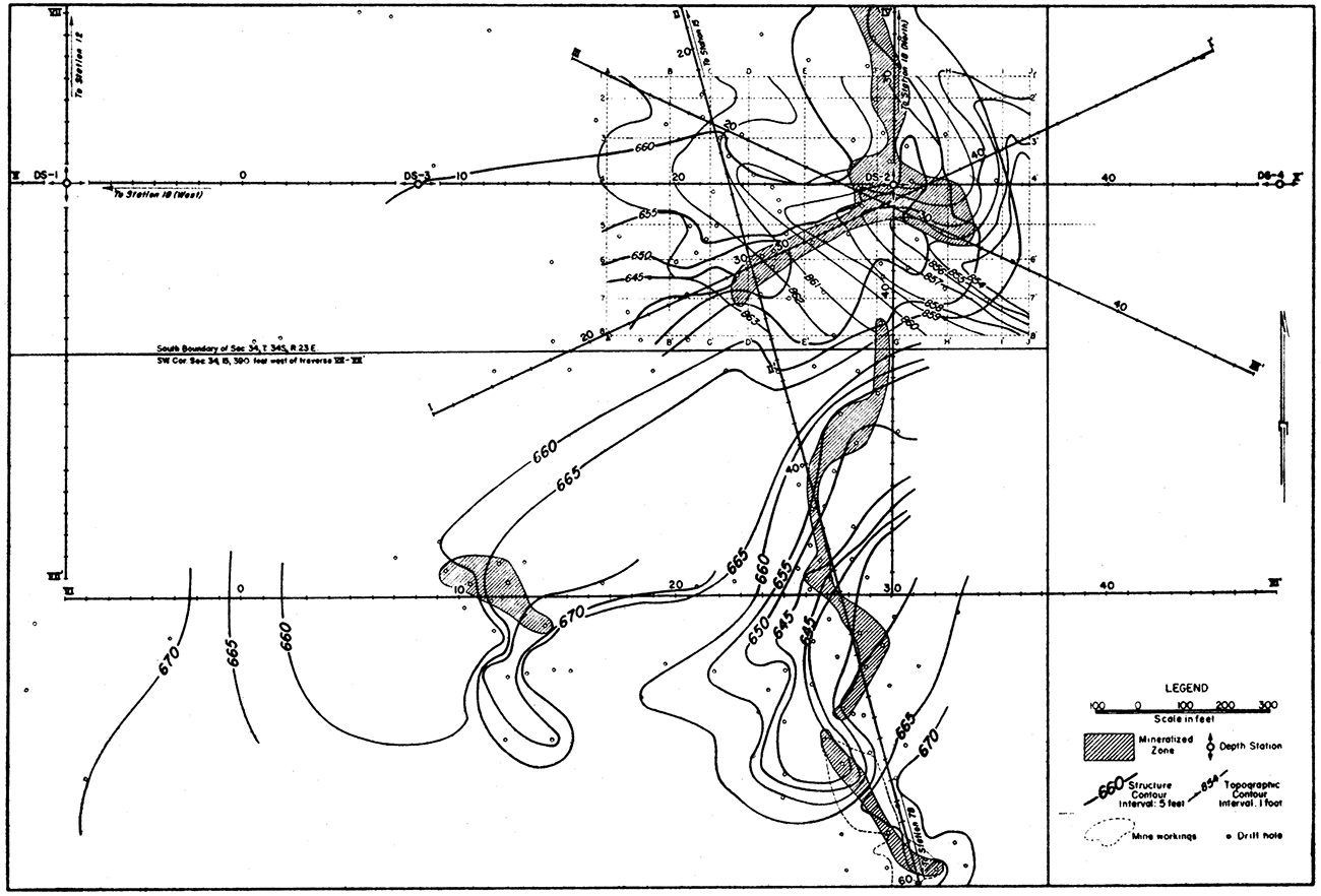 Map showing contours on the top of the limestone, topography, mineralized zone, and traverse lines in the Karcher area.