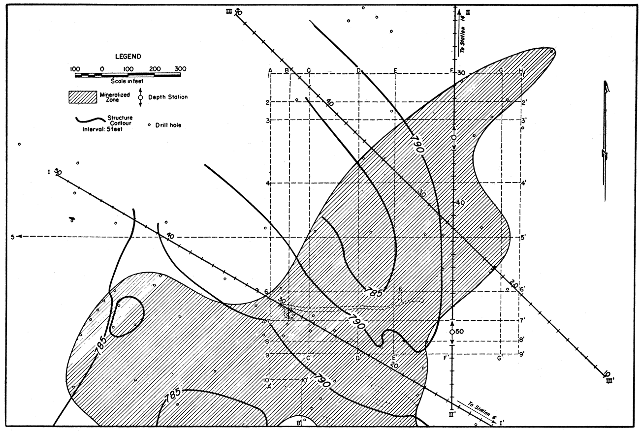 Map showing contours on the top of the limestone, mineralized zone, and traverse lines in the Swalley area.