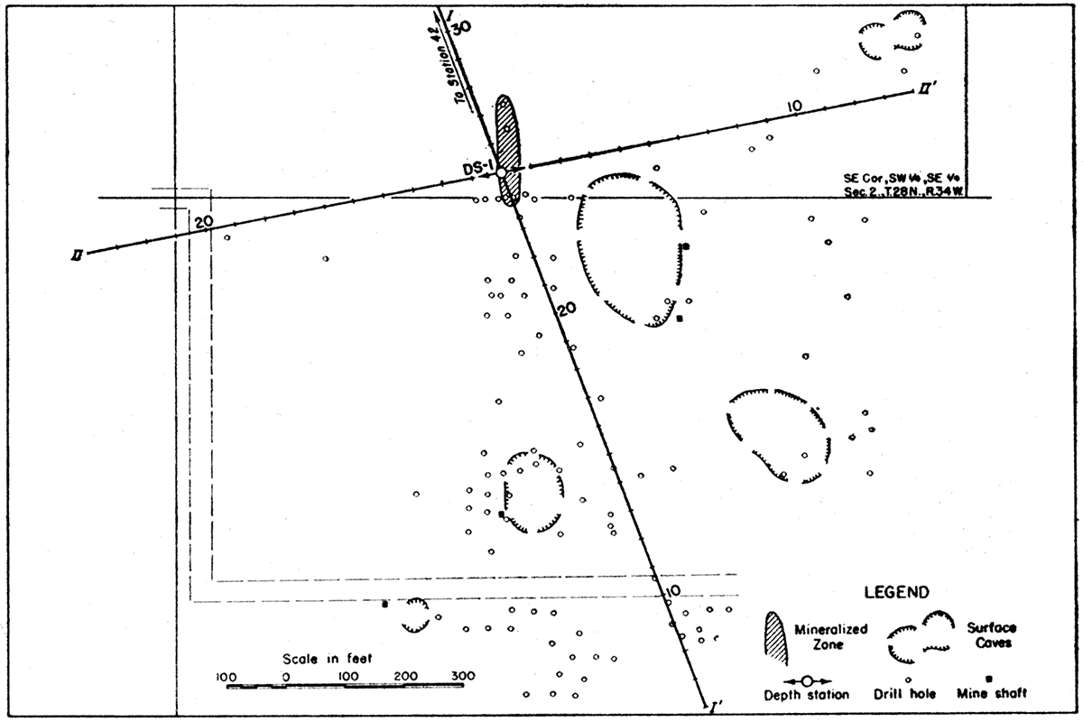Map showing mineralized zone and traverse lines in the McBee-Martin area.