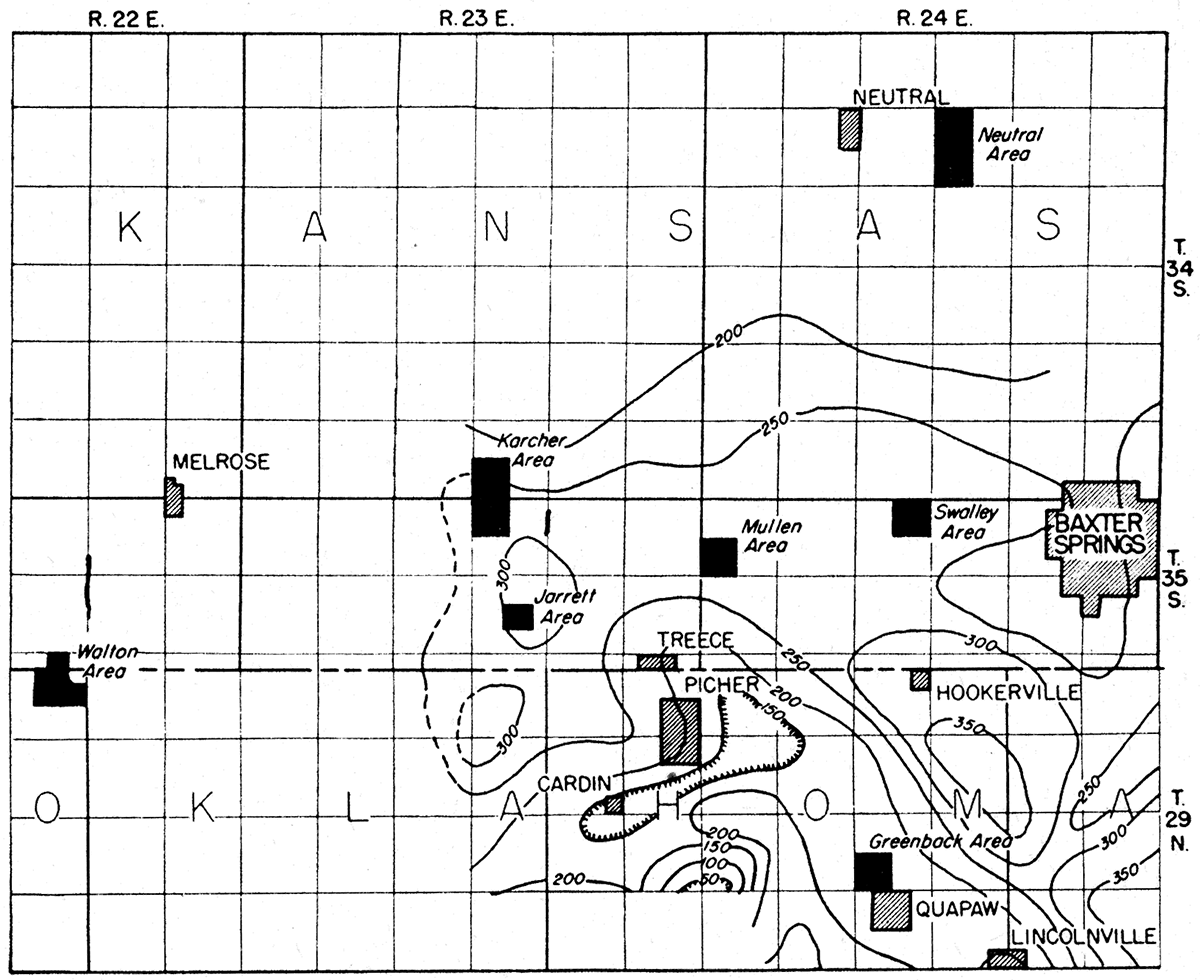 Isodynamic contour map showing anomalies in vertical intensity of the earth's magnetic field, near Baxter Springs, Kansas.