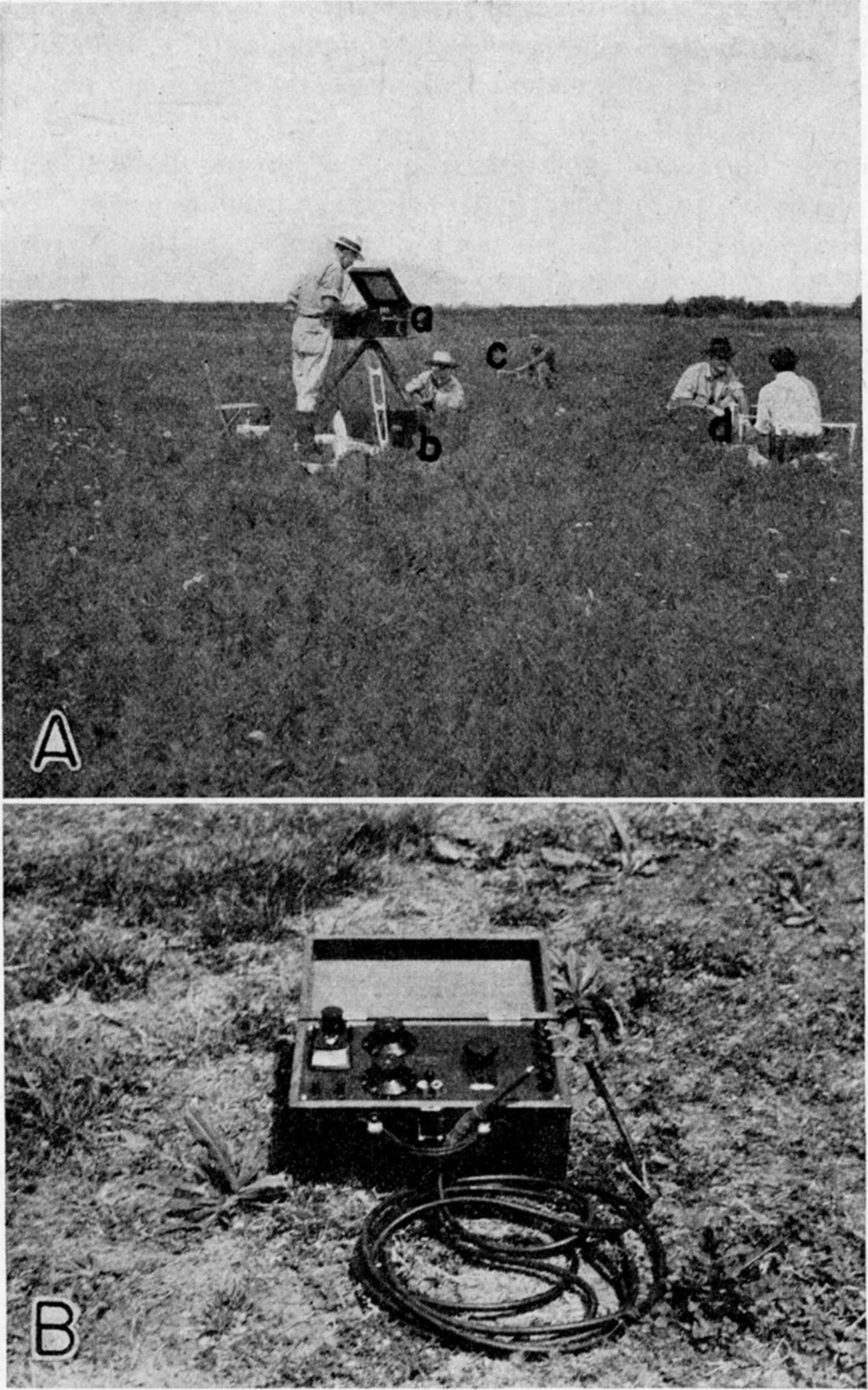 Two black and white photos; upper is field set up for measuring earth resistivity; lower is thermometer bridge and resistance thermometer.
