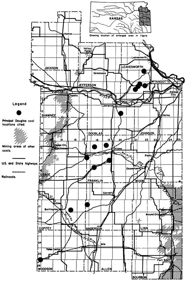 Locations of Douglas coal outcrops in between two zones of coal mining.