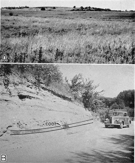 Two black and white photos; top shows rolling grasslands with low hills in background; bottom shows roadcut on gravel road with coal exposed.