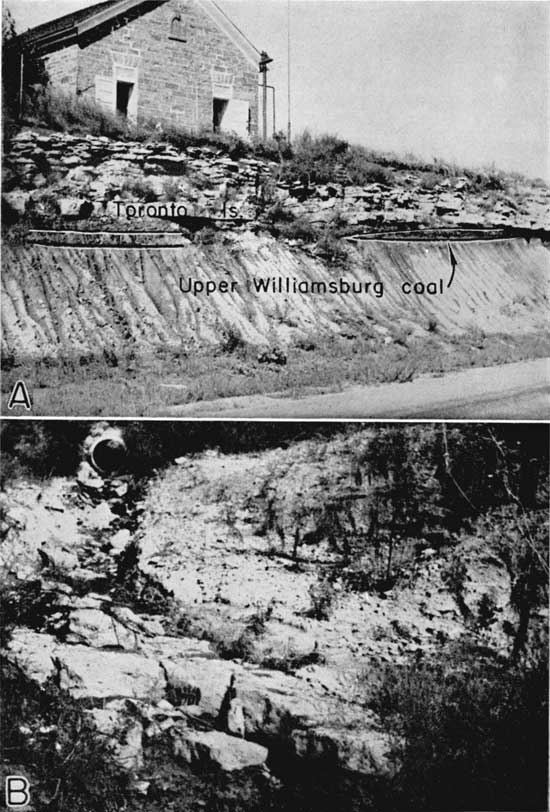 Two black and white photos; top shows roadcut on gravel road with coal exposed, stone building at top of outcrop; bottom shows limestone exposed in drainageway, culvert in background.