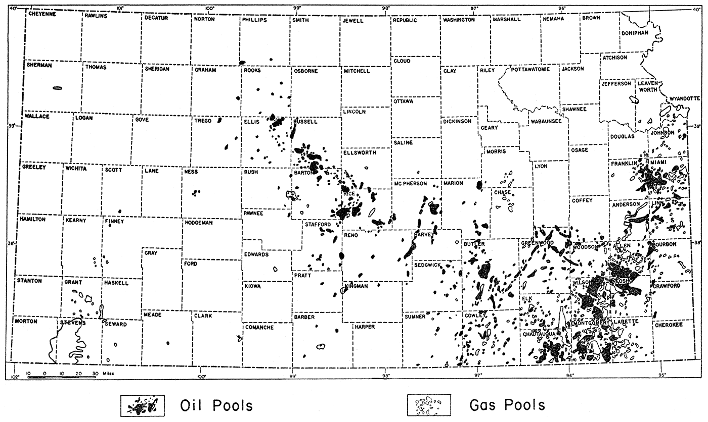 Map of Kansas showing location of oil and gas fields.
