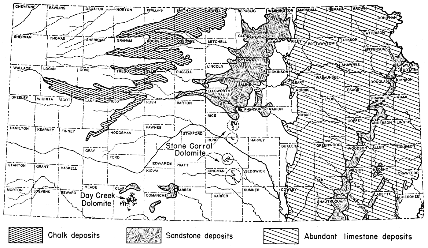 Map of Kansas showing location of areas of abundant limestone, chalk, and dolomite, basic raw materials needed in magnesium recovery from brines.