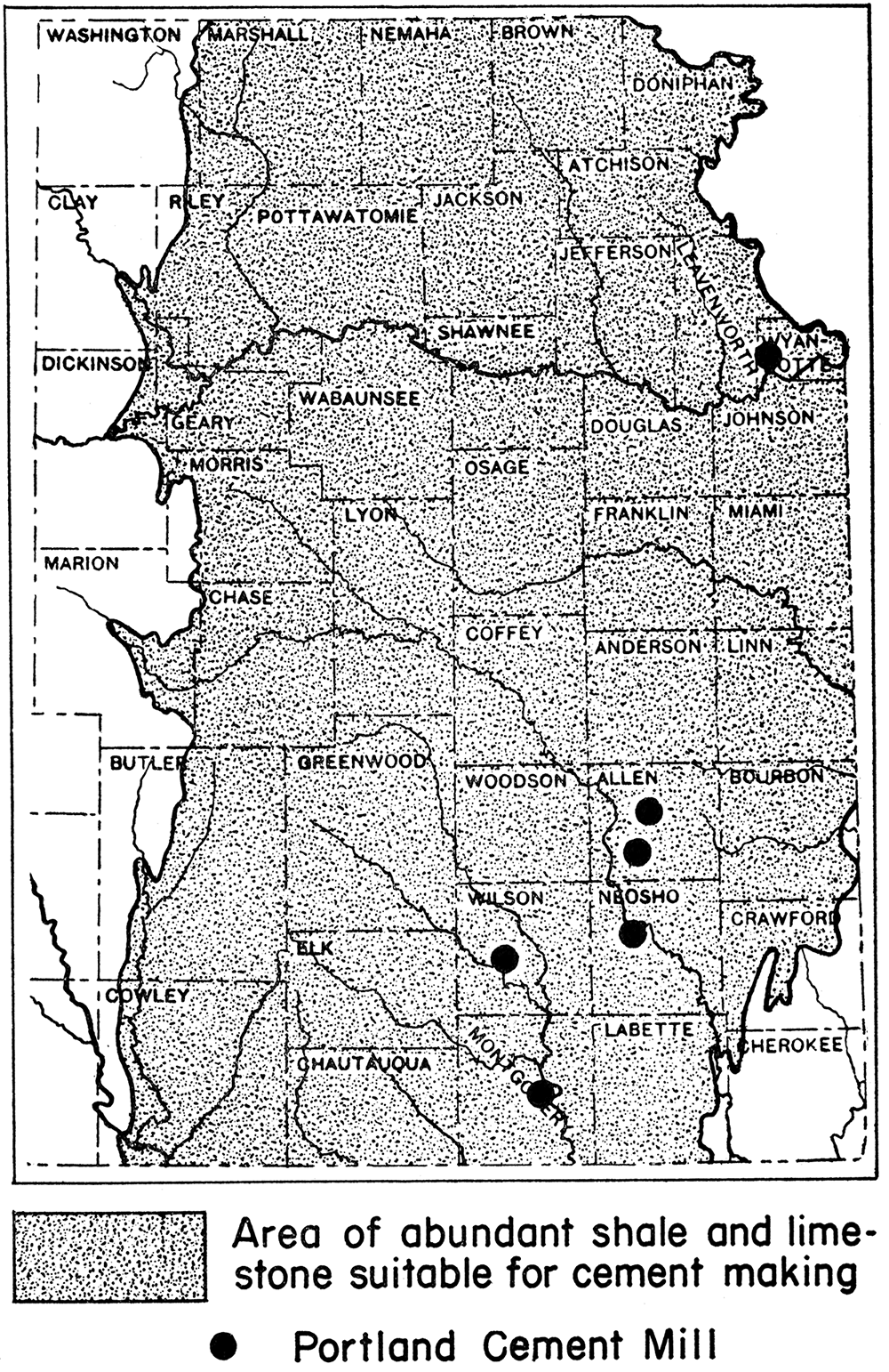 Map of eastern Kansas showing location of Portland cement mills, possible sources for calcined limestone needed in the recovery of magnesium from brines.