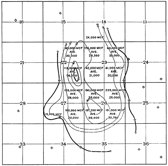 Average initial production as high as 56,000 MCF in sec. 22, drops to 32,750 MCF in sect. 26.