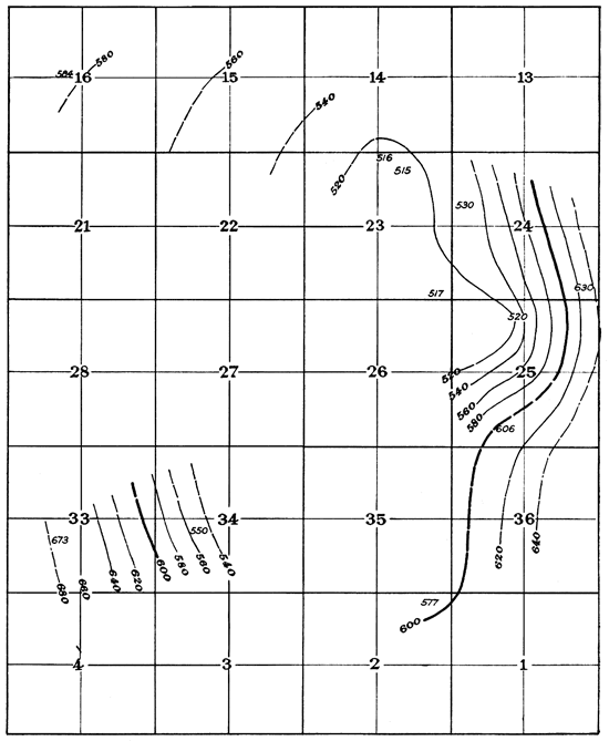 Depth is 520 feet below sea level in sect. 23, drops to 640 ft to SE and 680 feet to SW.