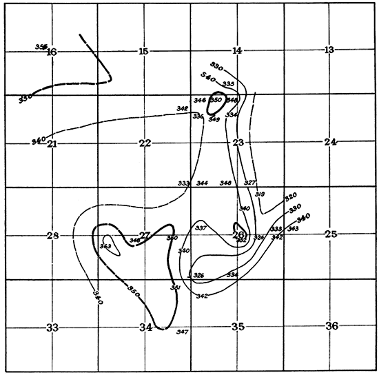 Around 3560 feet thick in sections 23 and 27; drops to 320-330 in sect. 26.