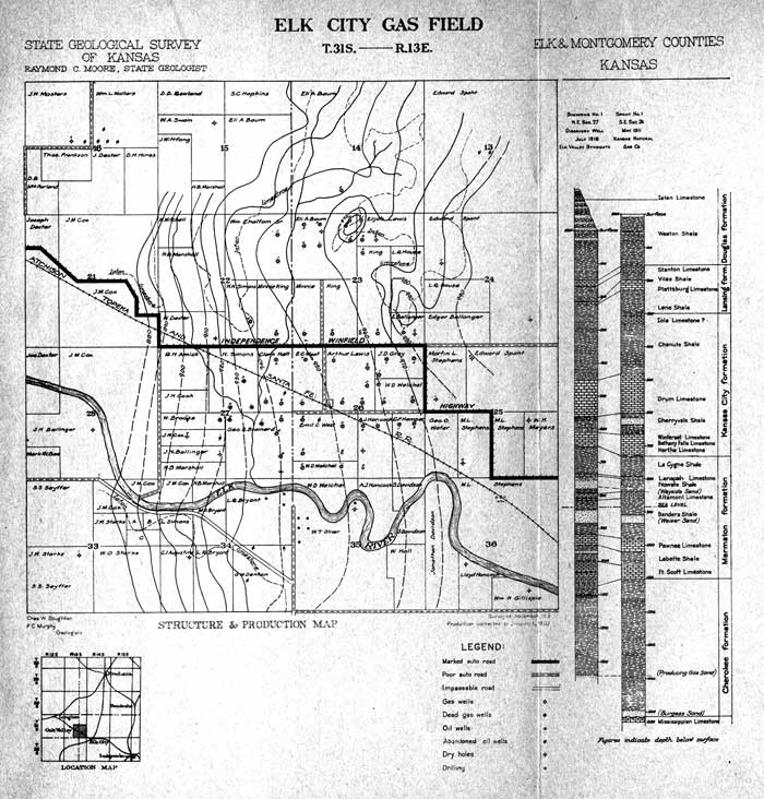 Map and stratigraphic chart for Elk City field area.
