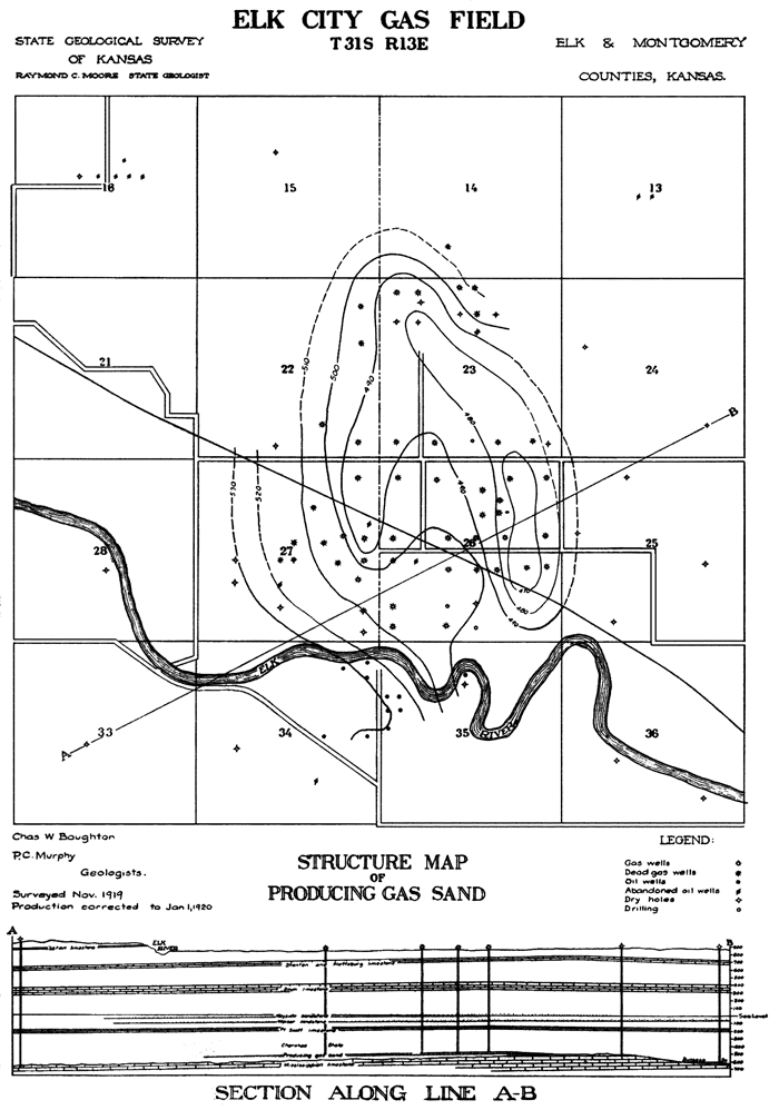 Map and cross section for Elk City field area, T. 31 S., R. 13 E.