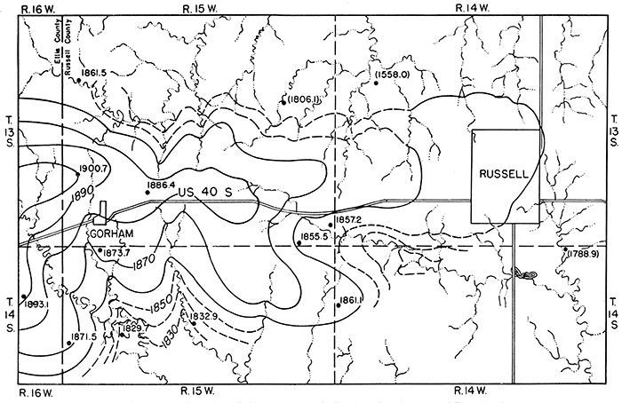 Contour map showing configuration of the water table in Tertiary deposits west of Russell.