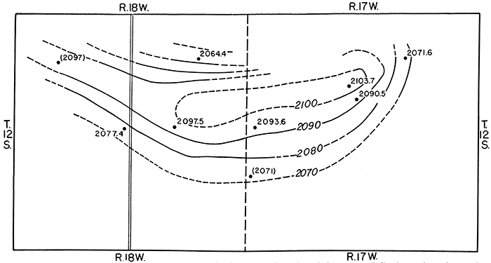 Contour map of north-central Ellis County showing the configuration of the pressure-indicating surface of water in the Codell sandstone member of the Carlile shale.