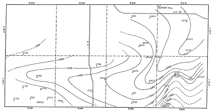 Contour map of southern Russell County showing the configuration of the pressure-indicating surface of water in the uppermost sandstone beds of the Dakota formation.