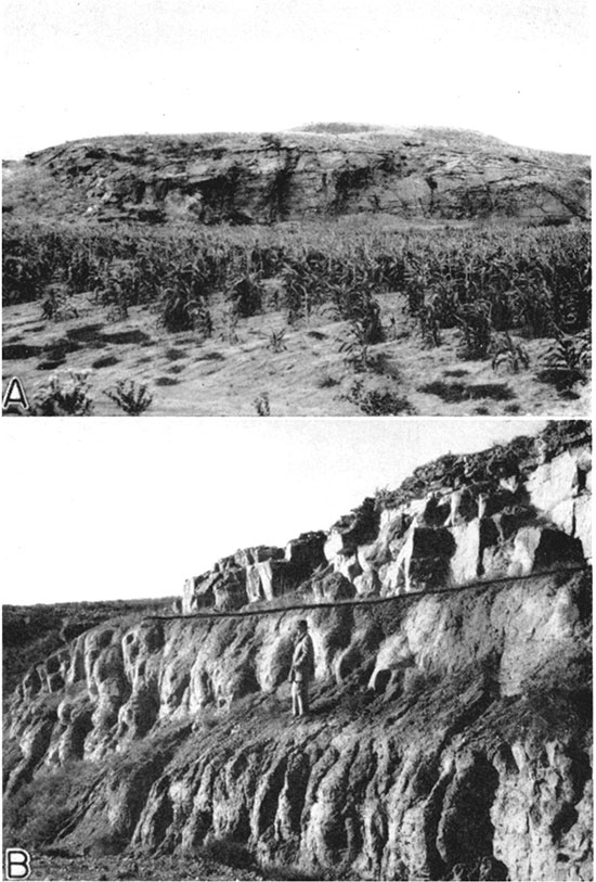 Two black and white photos; top is of channel sandstone in the upper part of the Dakota formation; bottom is Codell sandstone member of the Carlile shale and the overlying Fort Hays limestone member of the Niobrara formation.