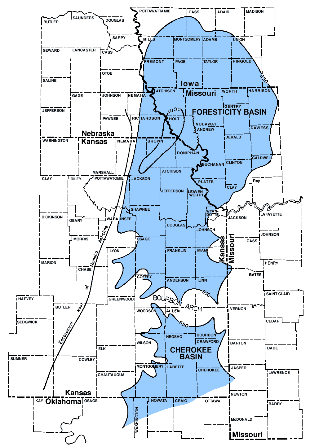 Forest City Basin stretches from Linn, Anderson, Coffey in Kansas north to southwest Iowa. Bourbon Arch runs east-west on northern Bourbon, Allen, Woodson county lines.