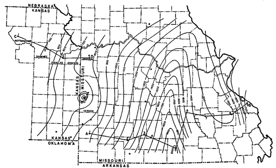 Thickest in south-central Missouri (2000 ft); thins to northwest (400 ft in Shawnee, Jackson counties