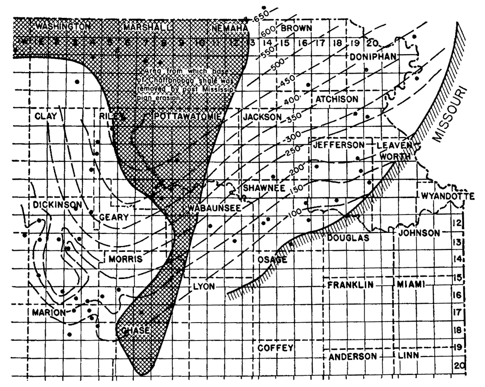 Thins to south (650 in Brown, 100 in Shawnee, Lyon, Marion); missing in zones west of Nemaha anticline