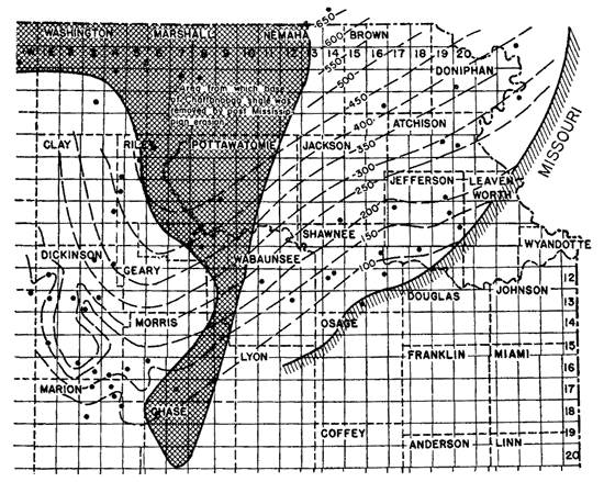 Thins to south (650 in Brown, 100 in Shawnee, Lyon, Marion); missing in zones west of Nemaha anticline