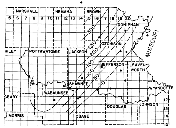 350 Ft thick in Brown; 150 ft thick from Wabaunsee, Jackson, Atchison, and Doniphan; thins to 0 farther to the southeast (Shawnee, Atchison