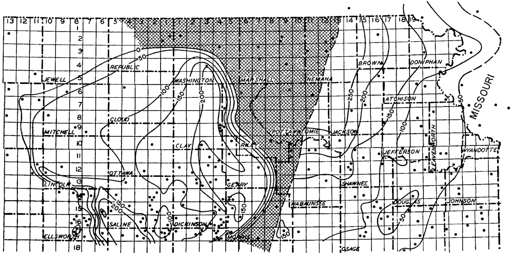 Thickest at 200 ft in Clay, Dickinson; 250 in Jackson and eastern Nemaha; missing area is triangular--west of Nemaha uplift up to Marshall, Washington, NE Republic