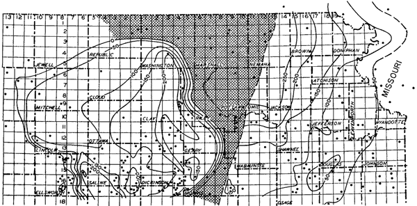 Thickest at 200 ft in Clay, Dickinson; 250 in Jackson and eastern Nemaha; missing area is triangular--west of Nemaha uplift up to Marshall, Washington, NE Republic