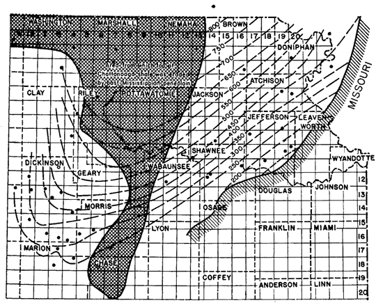 Thins to south-southeast (800 in Brown, 200 in Shawnee, Jefferson; 250 in Morris and Marion; missing in zone west of Nemaha uplift