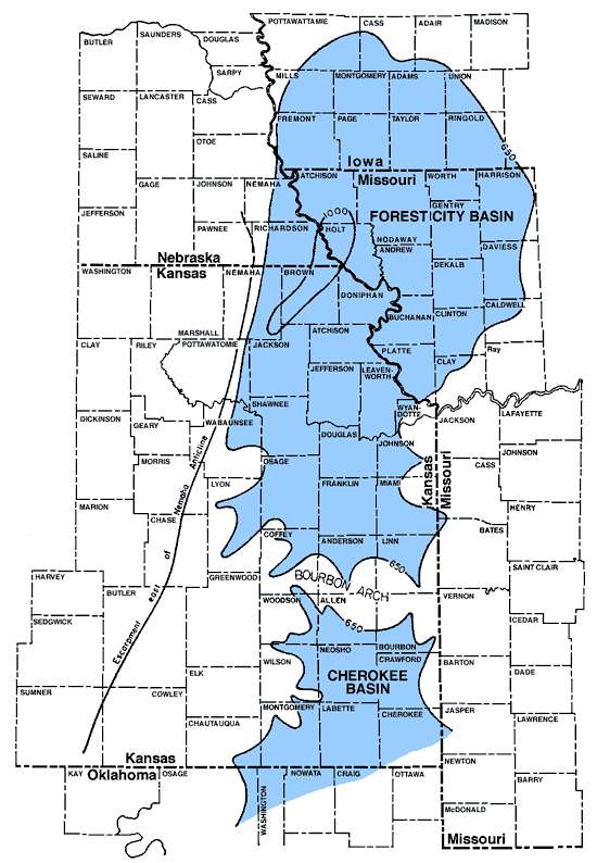 Forest City Basin stretches from Linn, Anderson, Coffey in Kansas north to southwest Iowa. Bourbon Arch runs east-west on northern Bourbon, Allen, Woodson county lines.