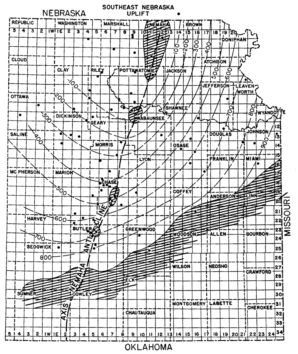 St. Peter thickness reaches 900 in Miami, Johnson; thins to NW; missing in spots along Nemaha anticline and zone from Sumner to Miami counties