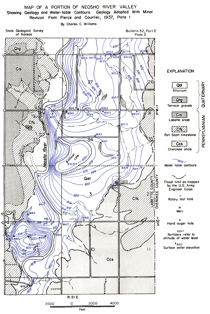 map shows general geology; water table contours in blue