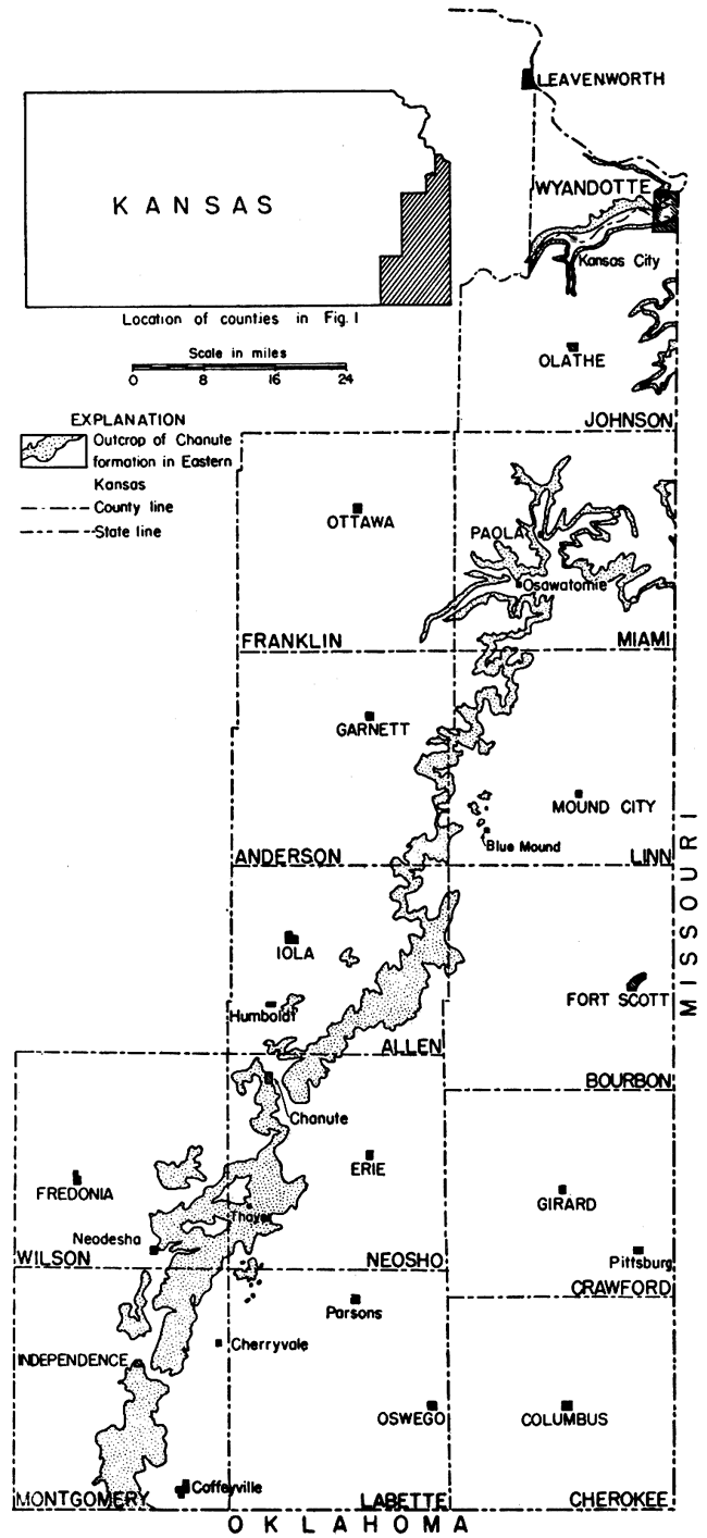 Outcrop present in Montgomery, Wilson, Allen, and Neosho Counties; thinner in Anderson, Linn, Miami, and Johnson; also present in Franklin and Wyandotte.