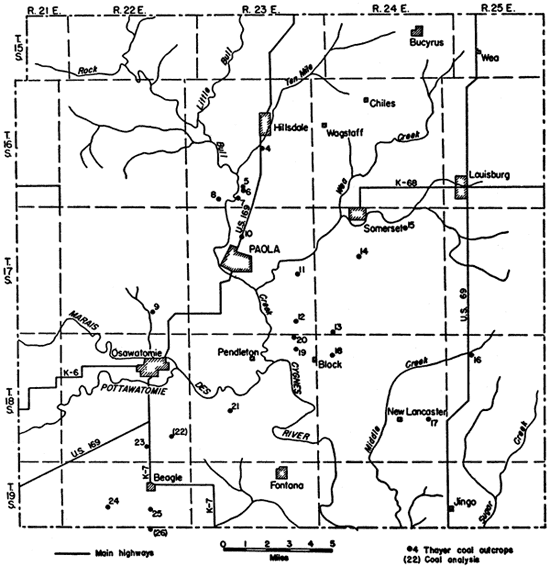 Outcrops primarily in central, southeast, and south-central Miami Co.; none in NW or NE.