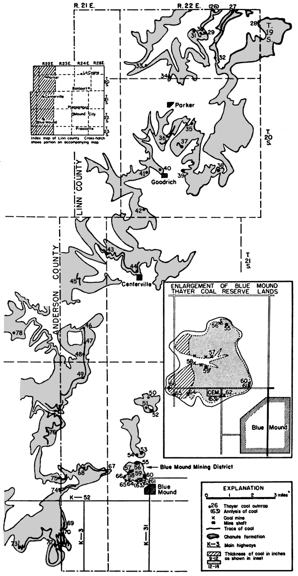 Chanute Fm ranges along Linn-Anderson county line; coal outcrops all along Chanute Fm; mines and shafts near Blue Mound.