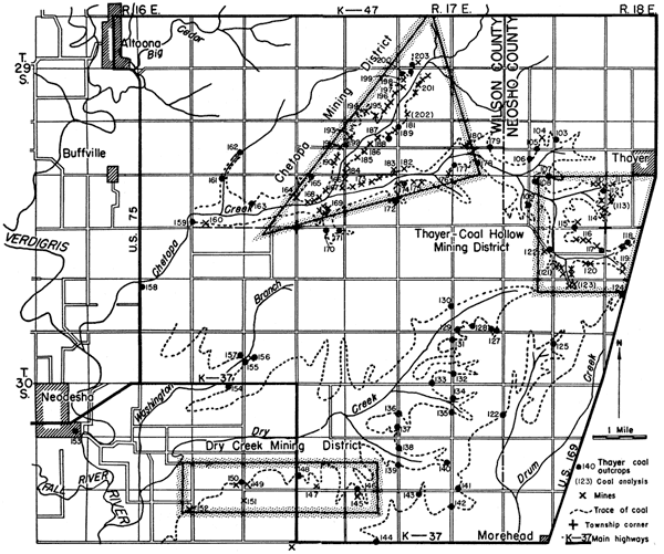 Dry Creek district SW of Neodesha; Chetopa district between Altoona and Thayer; Thayer-Coal Hollow district just south of Thayer.