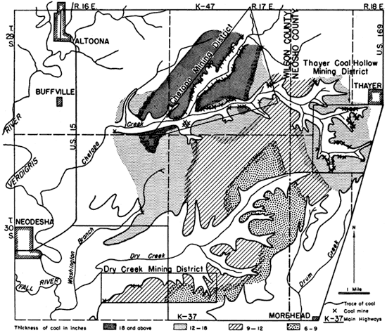 Thickest coal (18 inches and above) in Chetopa district between Altoona and Thayer; coal thins to south and is 6-9 inches east of Dry Creek district and SW of Thayer.