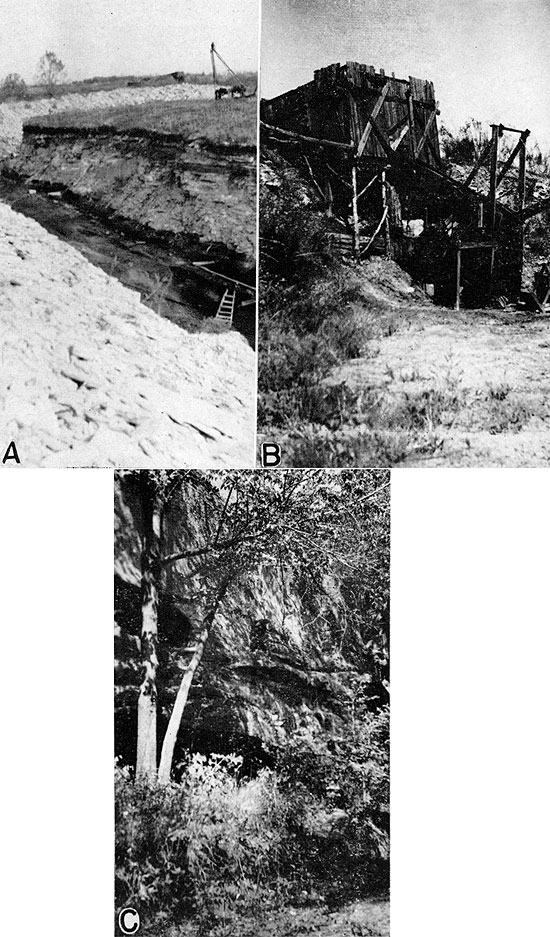 Three black and white photos; top left is of deep trech in mine, several 10s of feet deep; top right is of wooden structure at mine entrance; bottom is of cliff face of Cottege Grove sandstone amongst trees.